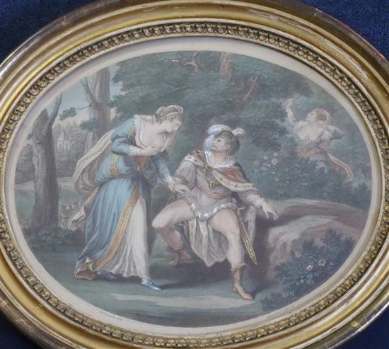 A set of four coloured engravings depicting classical and historical scenes, and a pair of stipple engravings of lovers